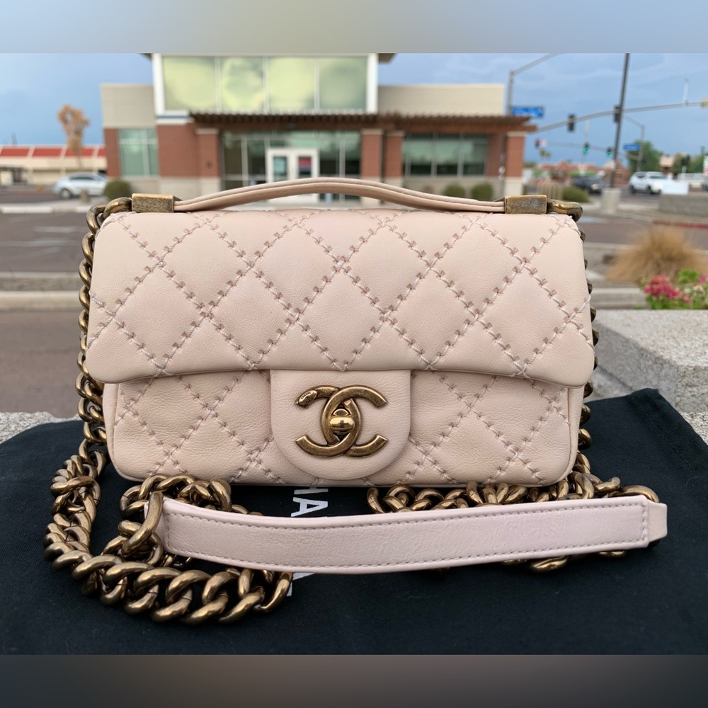 CHANEL Easy Carry Diamond Stitch Beige Lambskin Small Flap Bag